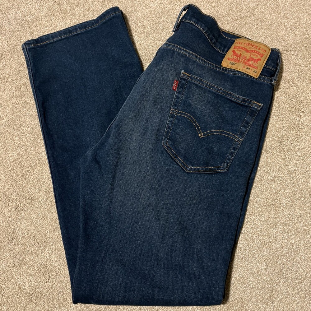 Levis 505 STRETCH Mens Jeans Regular Fit Straight Leg 34x32 Dark Wash Blue